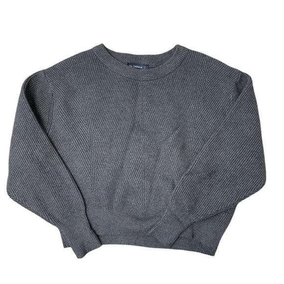 ZARA Women's Gray Knit Ribbed Cropped Long Sleeve Sweater Size Small - GUC
